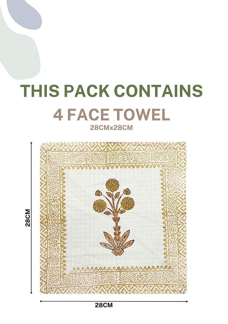 Brown 4 Pcs Block Printed 400 Gsm Waffle Cotton Soft And Absorbent Face Towels