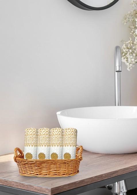 Brown 4 Pcs Block Printed 400 Gsm Waffle Cotton Soft And Absorbent Face Towels