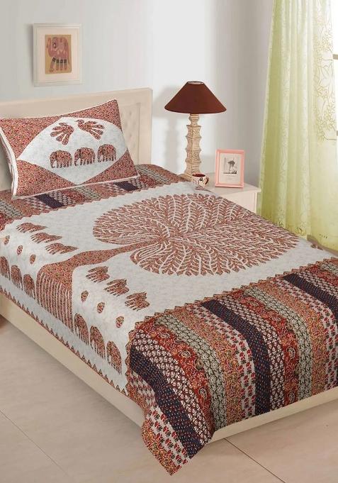 Orange Ethnic Motifs Printed 144 Tc Cotton Single Bedsheet With Pillow Cover