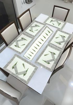 6Pcs Luxury Block Print Havey Canvas Cotton White And Green Table Placemats