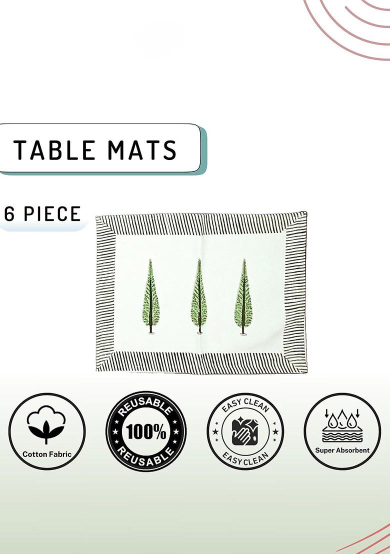6Pcs Luxury Block Print Havey Canvas Cotton White And Green Table Placemats