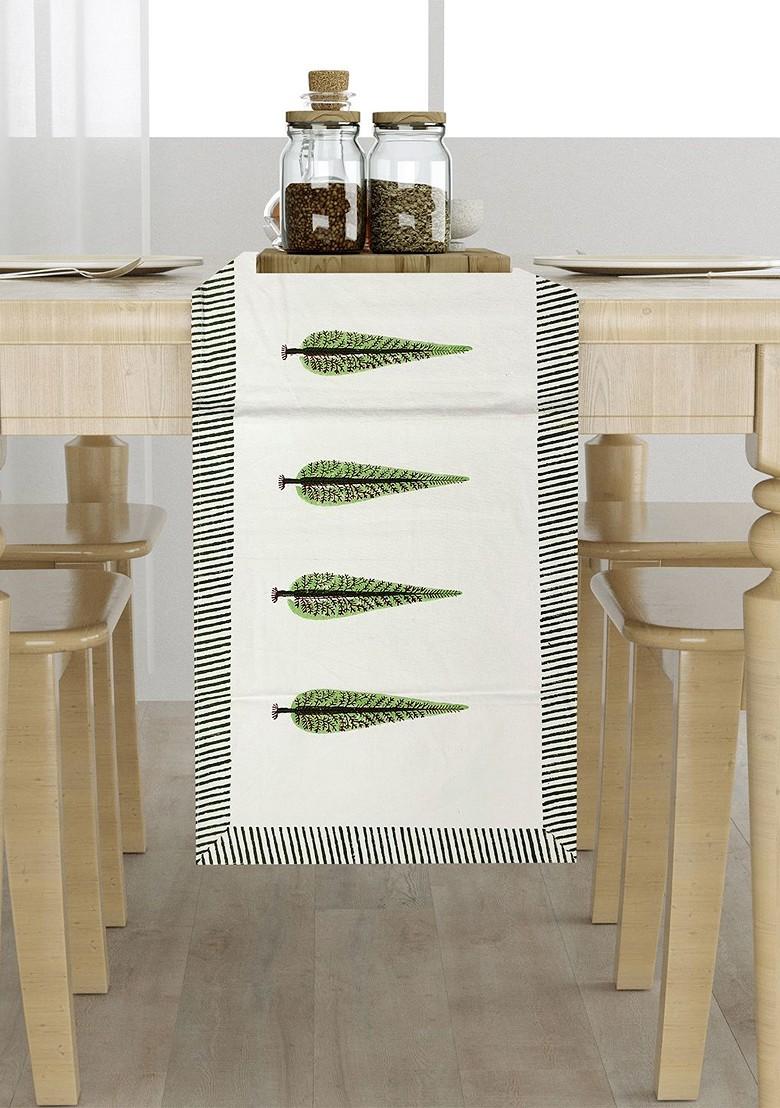 White And Green Tropical Printed Cotton Table Runner