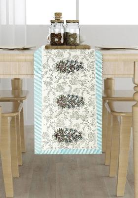 White And Blue Cotton Floral Printed Table Runner