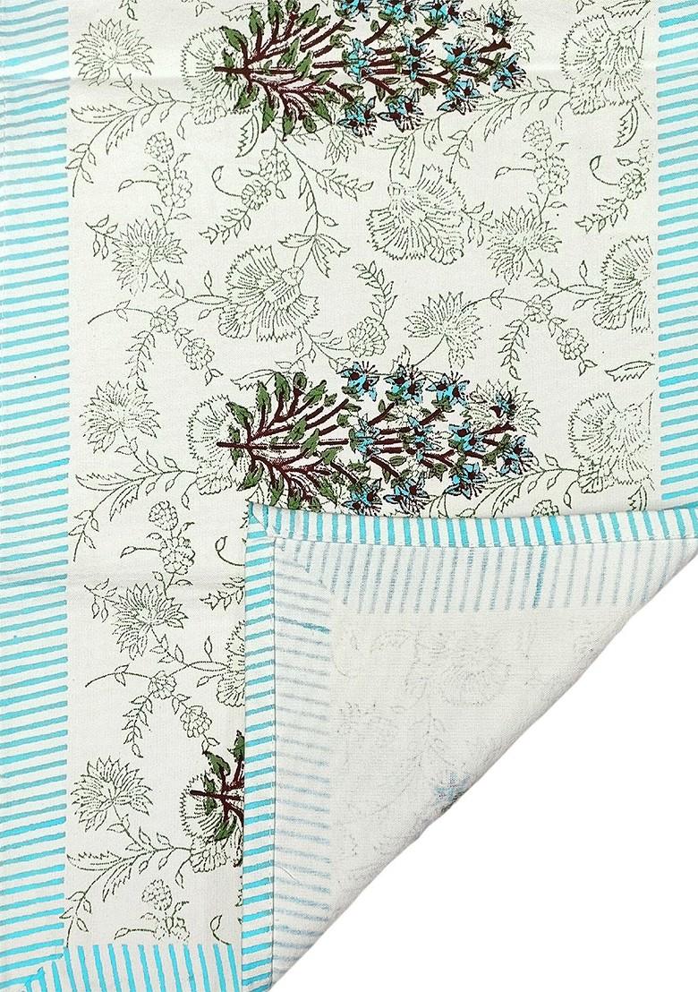 White And Blue Cotton Floral Printed Table Runner