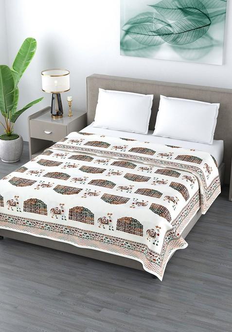 White And Red Ethnic Motifs Reversible Ac Room Cotton 210 Gsm Double Bed Dohar