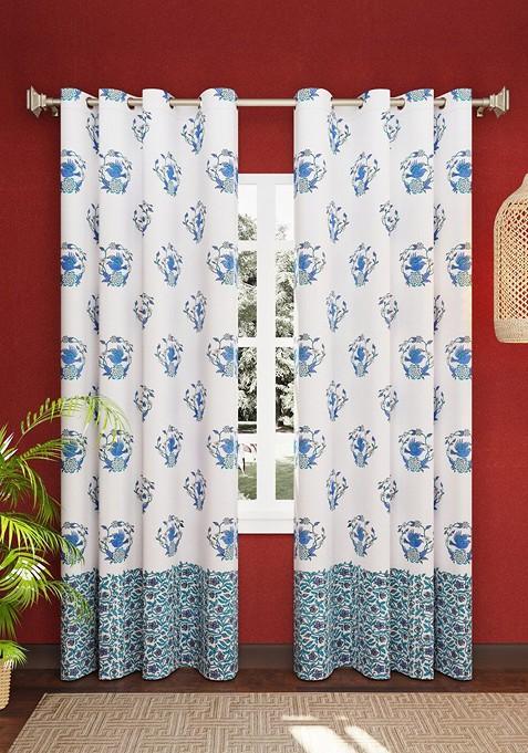 White 2 Pieces Block Printed Elegant Pure Cotton Door Curtains With Ring