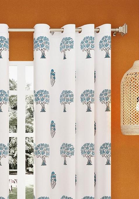 White 1 Piece Ethnic Block Print Pure Cotton Door Curtain With Rings