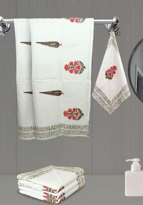 Red 6 Pieces Block Printed 210 Gsm Waffle Cotton Soft And Absorbent Towel Set