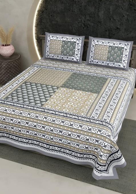 Super King Size Jaipur Block Print Cotton Bedsheet With 2 Pillow Covers