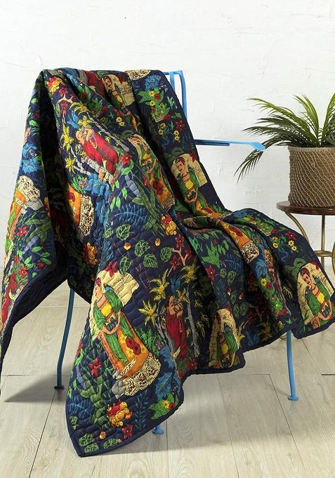 Navy Blue And Green Printed Cotton Quilted Throw Blanket