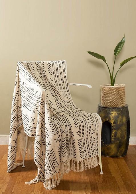 White And Black Block Printed Cotton Sofa Throw