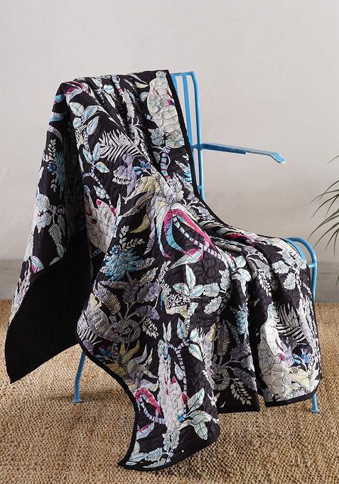 Black And Grey Hand Block Printed Cotton Quilted Throw