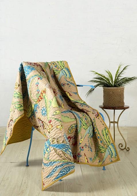 Beige And Green Printed Cotton Quilted Throw