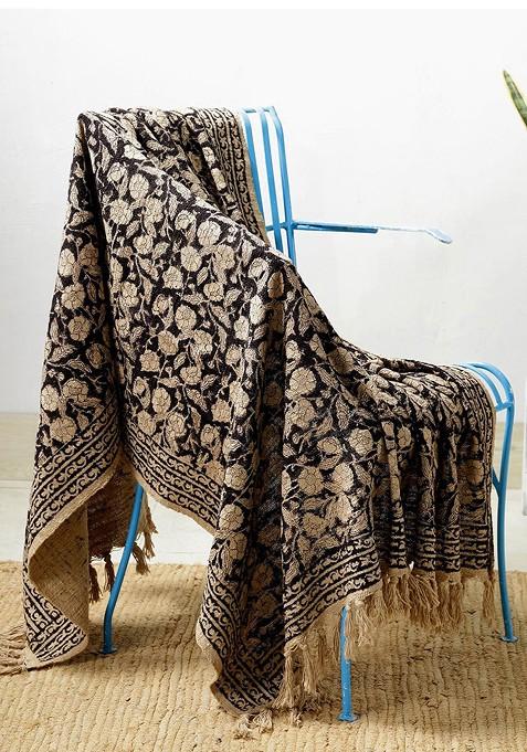 Black And Beige Floral Printed Cotton Sofa Couch Throw