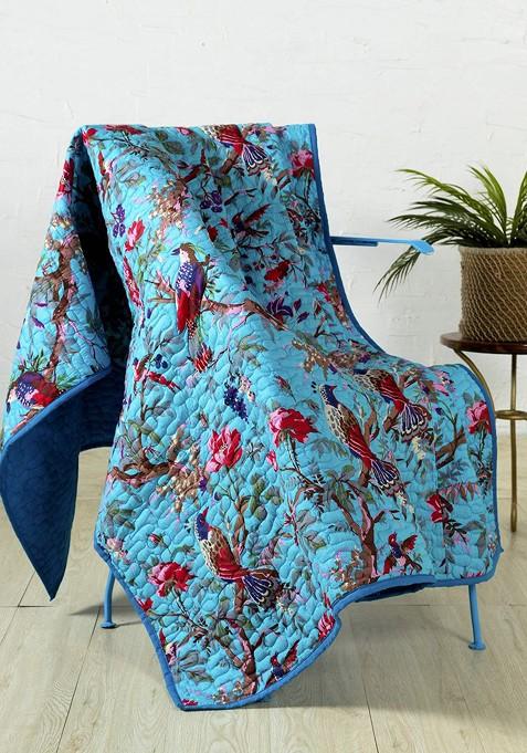 Turquoise Blue And Red Hand Block Printed Cotton Quilted Throw Blanket