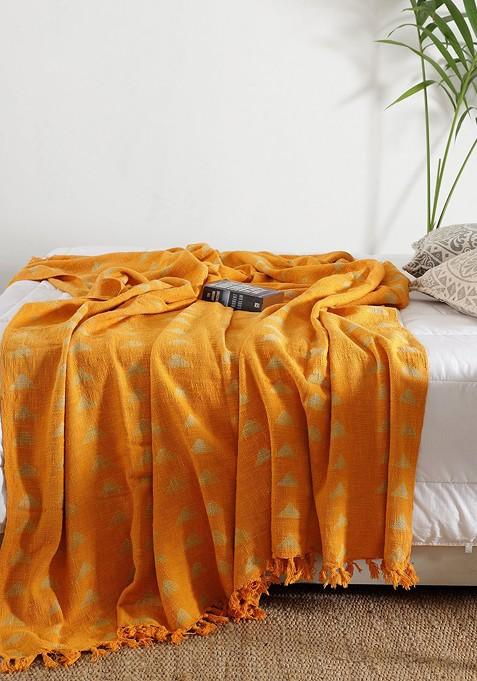 Unisex Mustard And Beige Printed Bed Throws