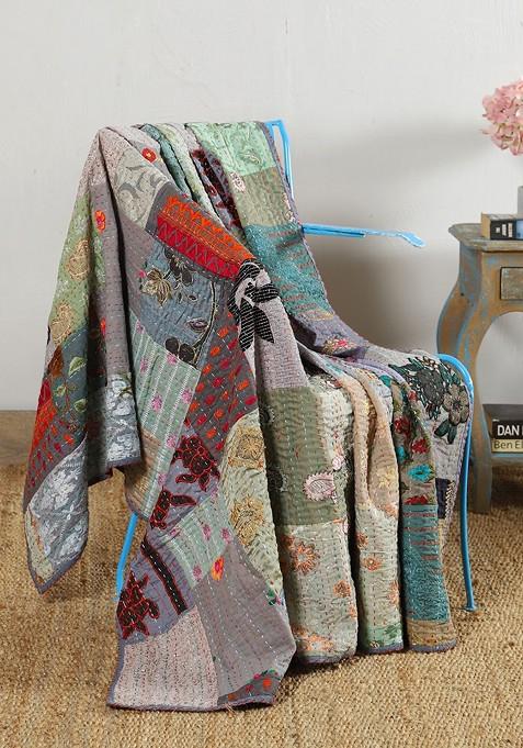 Grey Kantha Embroidered Cotton Throws