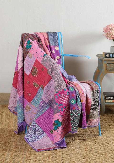 Purple And Pink Embroidery Kantha Patchwork Cotton Blanket Throw