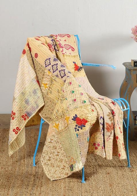 Beige And Red Embroidered Cotton Throws
