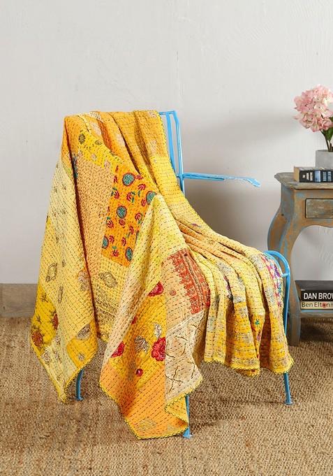 Yellow And Orange Embroidered Kantha Patchwork Cotton Blanket Throw