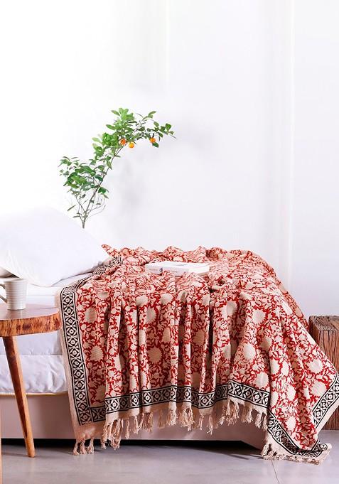 Marooncoloured And Beige Printed Pure Cotton