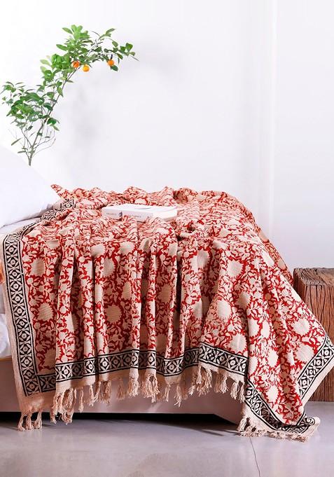 Beige And Maroon Printed Cotton King Size Bed Throw