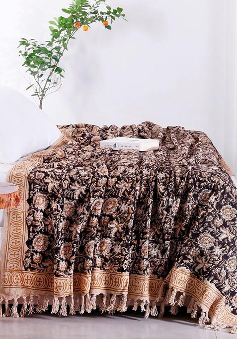 Black And Green Printed Cotton King Size Bed Throw