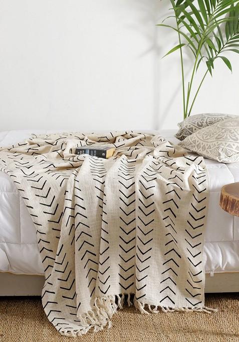 White And Black Block Printed Cotton Bed Throw