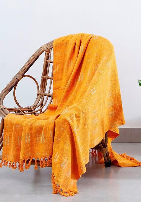 Yellow And Beige Block Printed Cotton Throw
