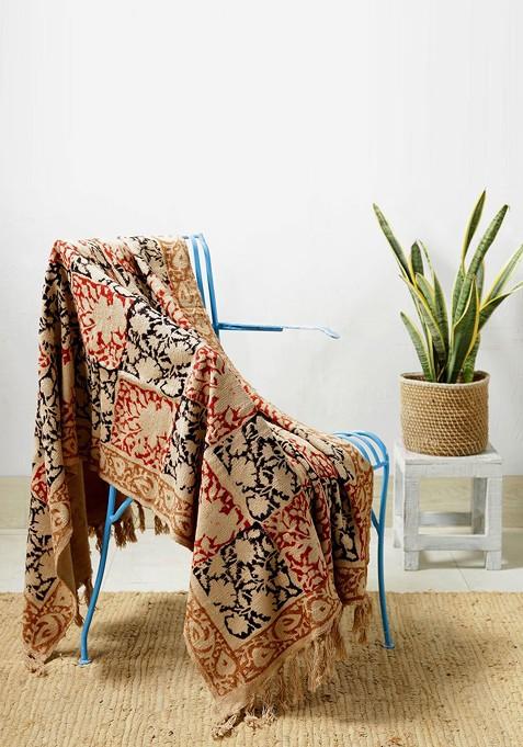 Beige Printed Cotton Throw Blanket
