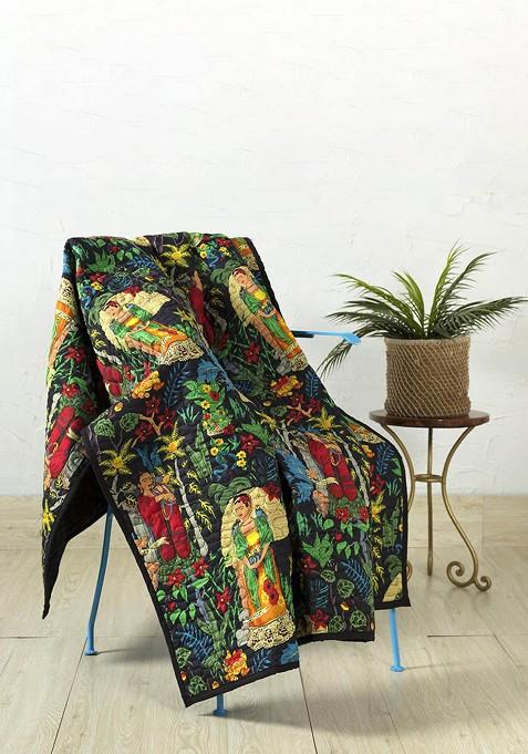Black And Green Hand Block Printed Cotton Quilted Throw Blanket