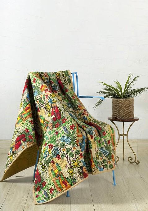 Beige And Green Hand Block Printed Cotton Quilted Throw Blanket