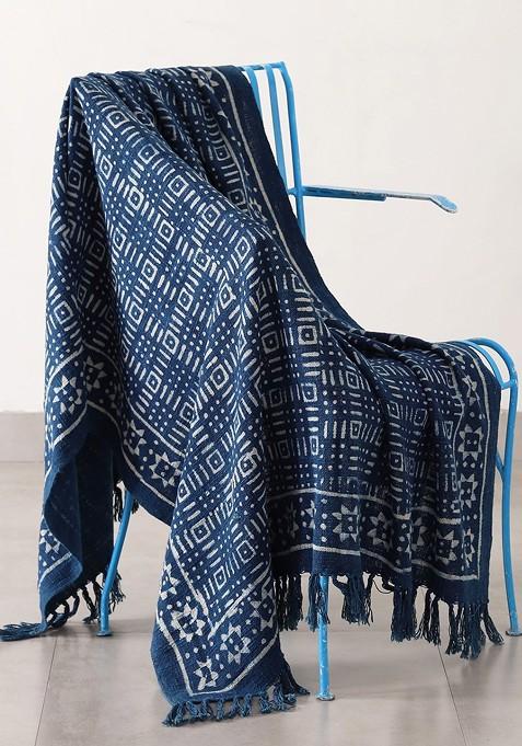 Blue Hand Block Printed Cotton Throw Blanket