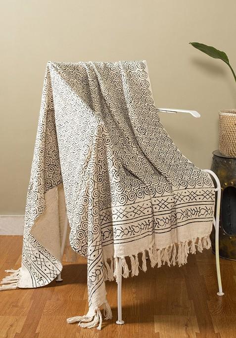 Beige And Black Printed Cotton Sofa Couch Throw