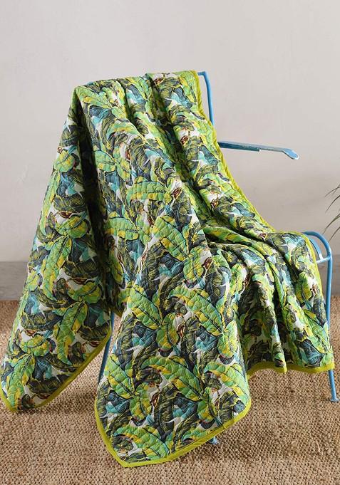 Green Leaf Hand Block Printed Cotton Quilted Throw