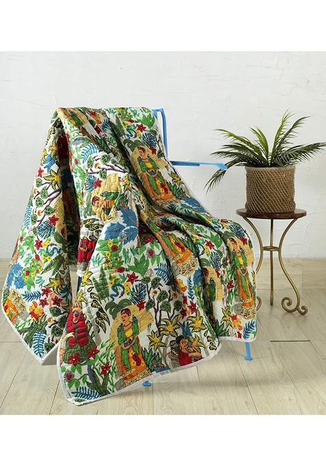 White And Green Hand Block Printed Cotton Quilted Throw Blanket