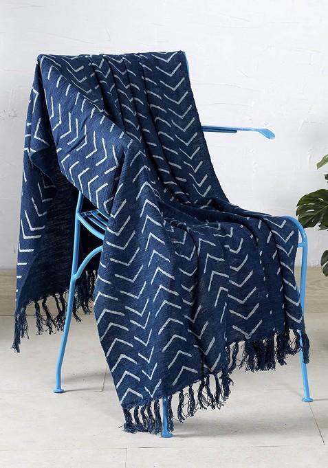 Blue Printed Cotton Couch Throw