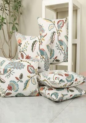 White And Red Set Of 5 Floral Square Cushion Covers