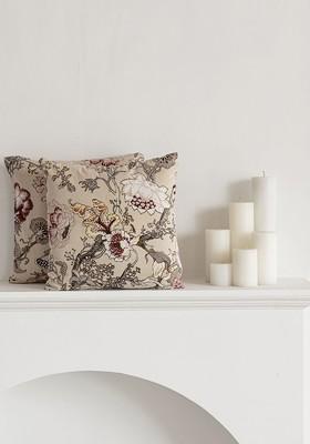 Beige And White 2 Pieces Floral Printed Cotton Square Cushion Covers