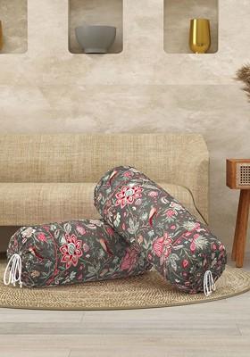 Grey And Pink 2 Pieces Floral Block Printed Cotton 220 Tc Bolster Covers