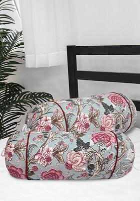 Set Of 2 Green And Pink Printed Cotton 220 Tc Bolster Covers