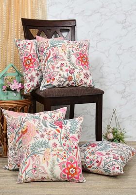 White And Pink 5 Pieces Floral Printed Cotton Square Cushion Covers