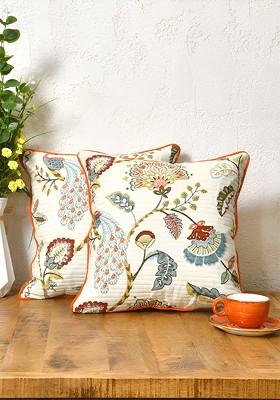 White And Red 2 Pieces Floral Cotton Square Cushion Covers