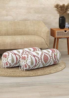 White And Pink 2 Pieces Floral Block Printed Cotton 220 Tc Bolster Covers
