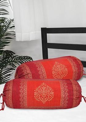 Set Of 2 Red And Gold Printed Bolster Covers