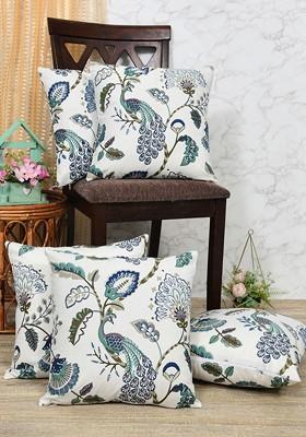 Blue And White 5 Pieces Floral Printed Cotton Square Cushion Covers