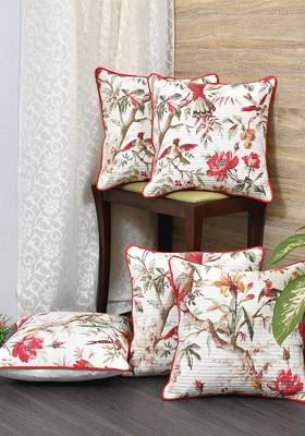 White And Red Set Of 5 Floral Cotton Square Cushion Covers