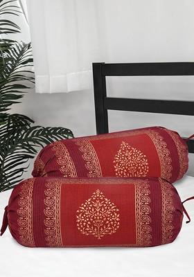 Set Of 2 Maroon And Gold Printed 220 Tc Cotton Bolster Covers