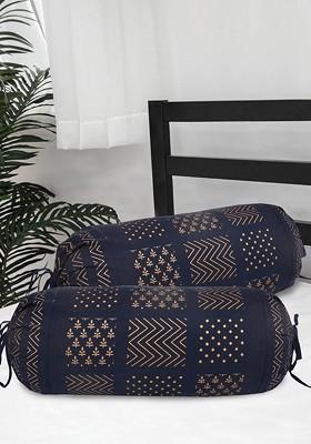 Pack Of 2 Blue And Golden Printed Cotton Bolster Covers