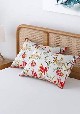 Set Of 2 White And Red Printed Cotton Pillow Covers With Piping